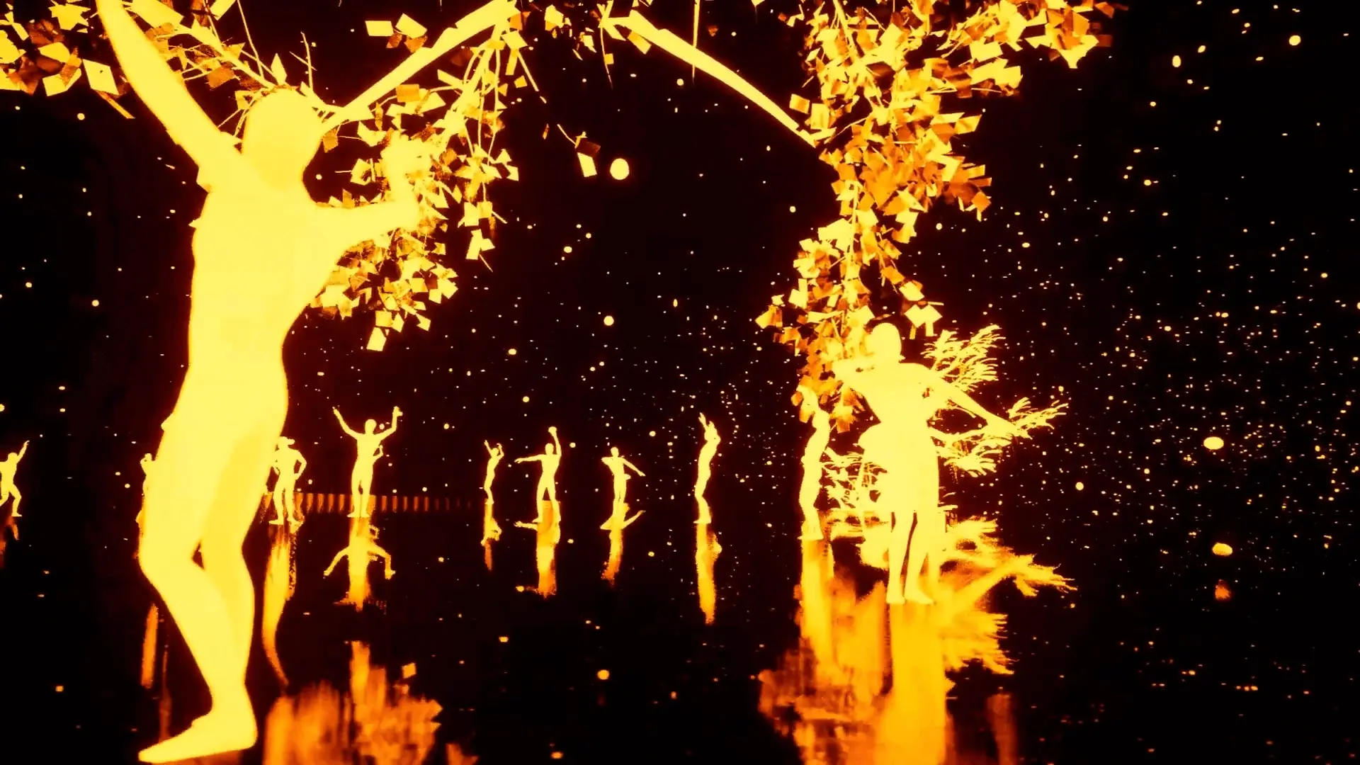 Screenshot from the VR animated film 'The Descent'. Screenshot depicts glowing figures standing in a dark reflective room, dotted with hundreds glowing lights.