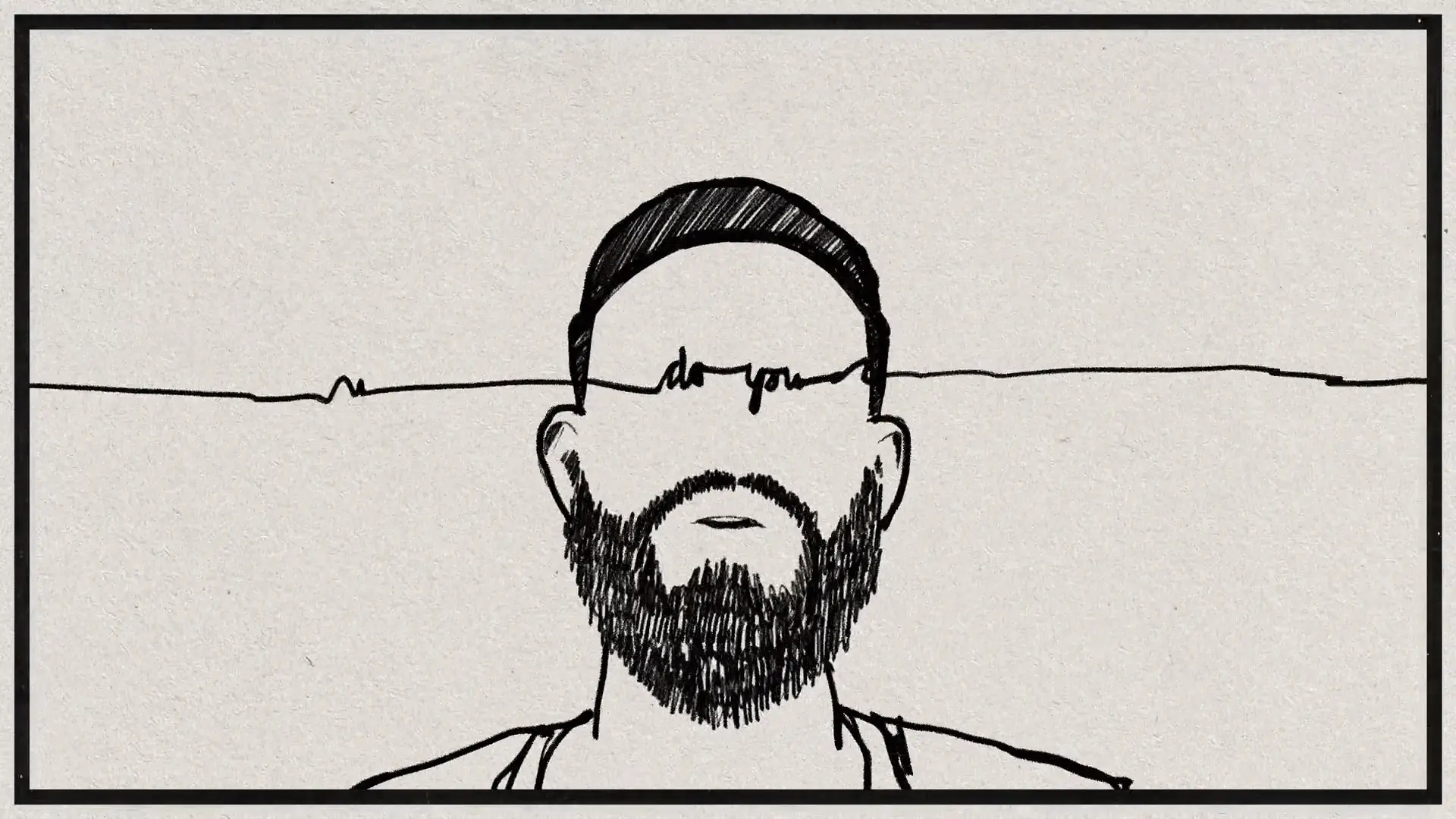 A screenshot from the music video 'Black & White' directed by Martyn Thomas. The image features a man depicted in a line art style, with music waveforms running across the image. The illustration is set against a textured paper background